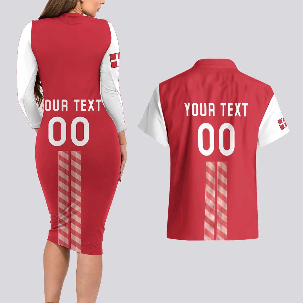 Custom Denmark Football Couples Matching Long Sleeve Bodycon Dress and Hawaiian Shirt Danish Dynamite Red Version