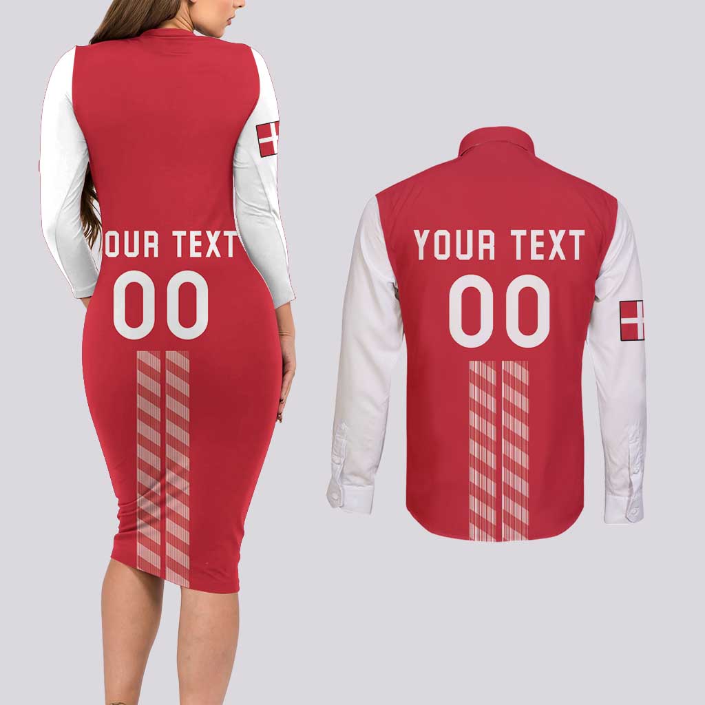 Custom Denmark Football Couples Matching Long Sleeve Bodycon Dress and Long Sleeve Button Shirt Danish Dynamite Red Version