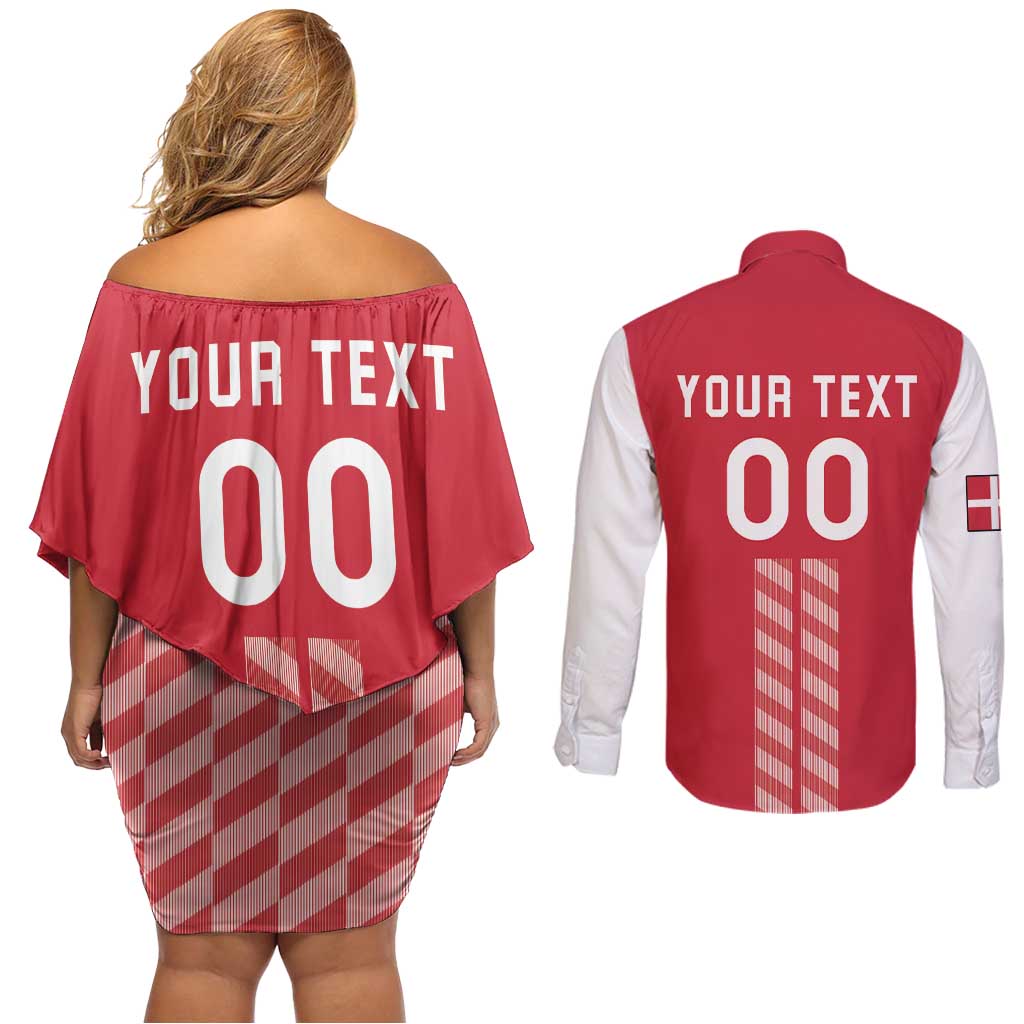 Custom Denmark Football Couples Matching Off Shoulder Short Dress and Long Sleeve Button Shirt Danish Dynamite Red Version