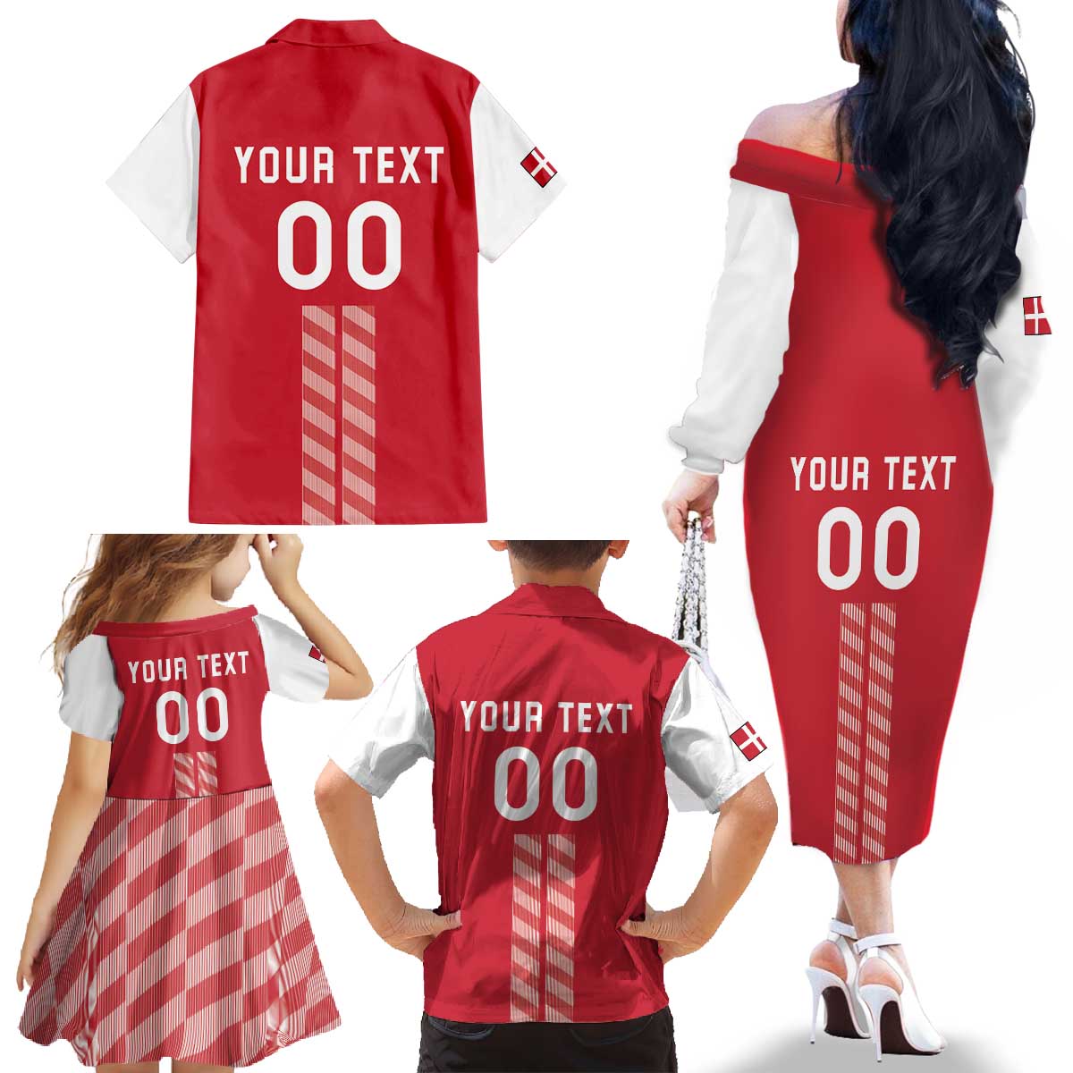 Custom Denmark Football Family Matching Off The Shoulder Long Sleeve Dress and Hawaiian Shirt Danish Dynamite Red Version