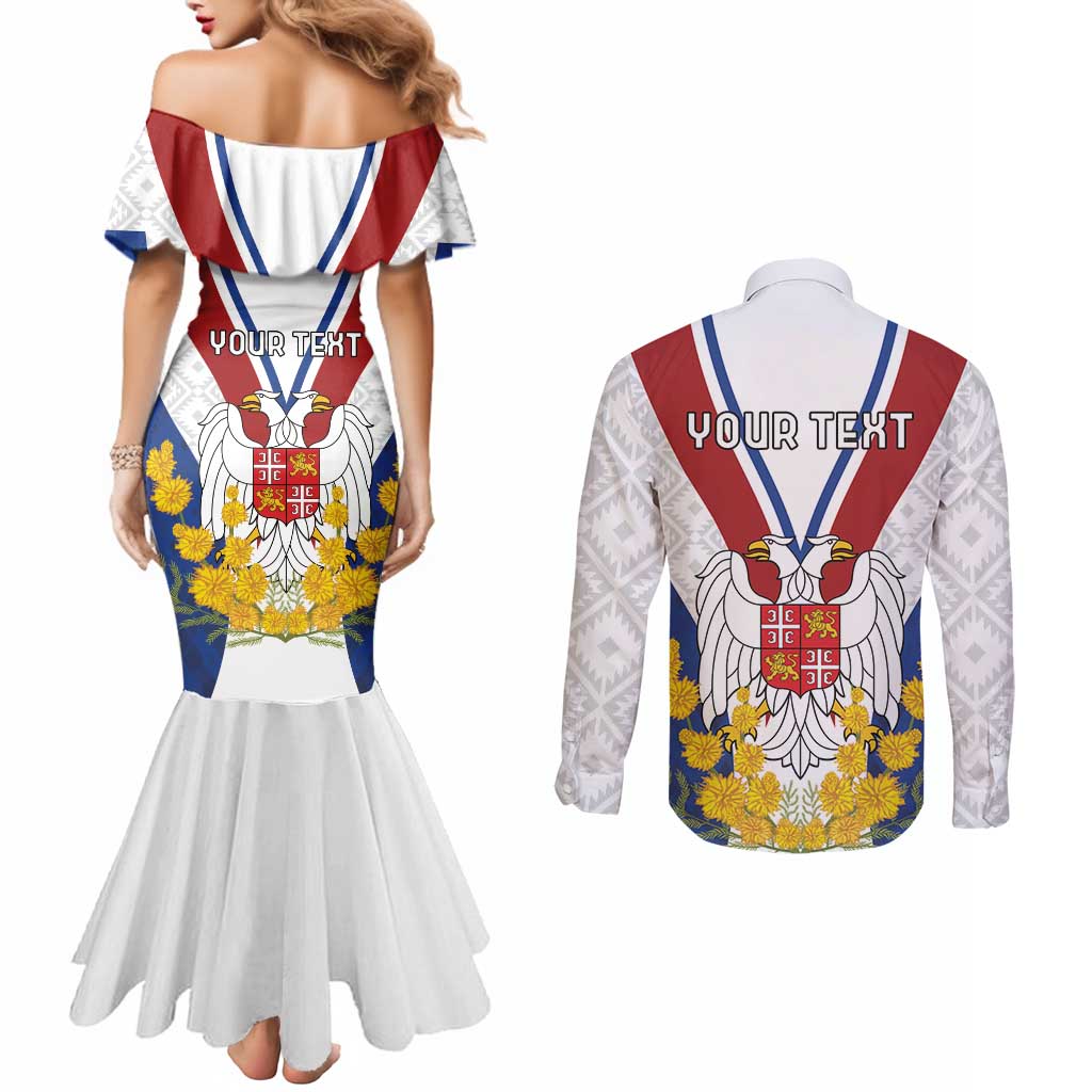 Personalized Serbia and Montenegro National Day Couples Matching Mermaid Dress and Long Sleeve Button Shirt Coat Of Arms Flag Style Since1992
