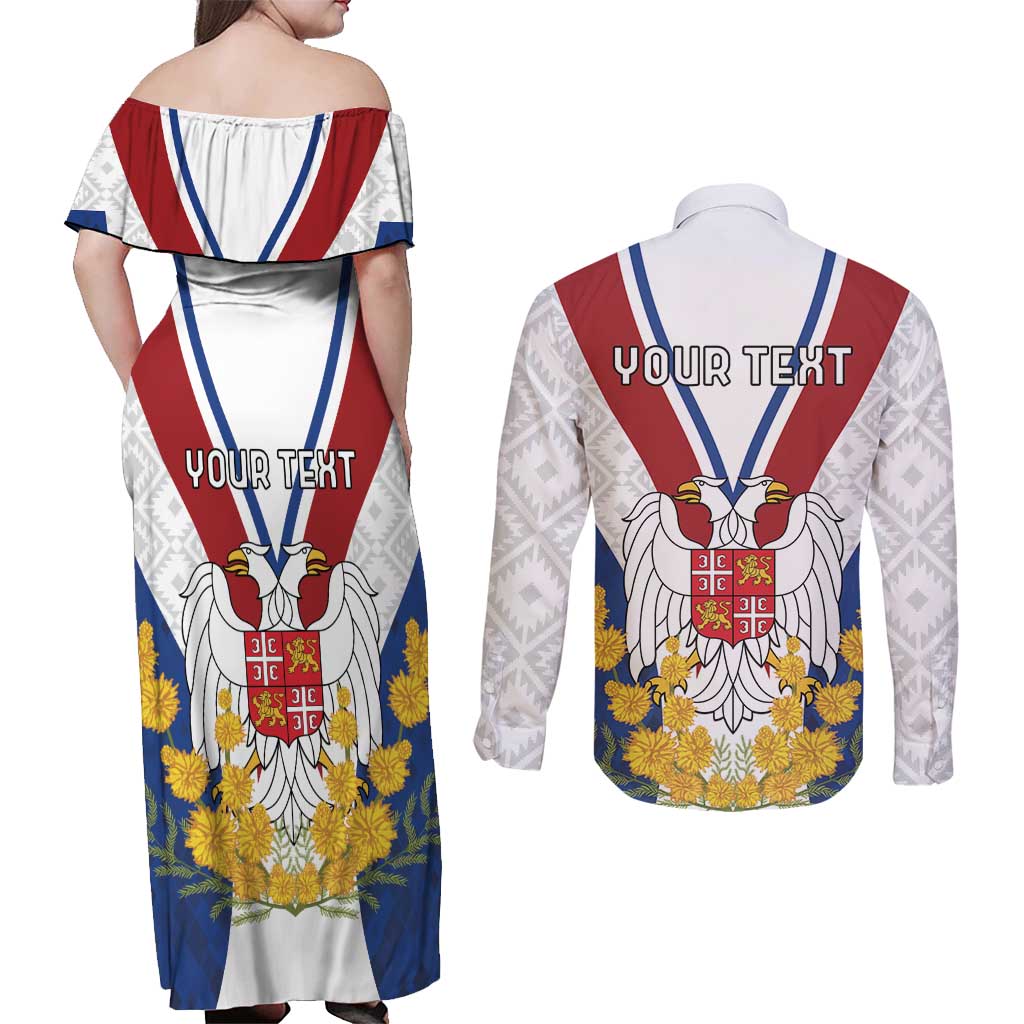 Personalized Serbia and Montenegro National Day Couples Matching Off Shoulder Maxi Dress and Long Sleeve Button Shirt Coat Of Arms Flag Style Since1992
