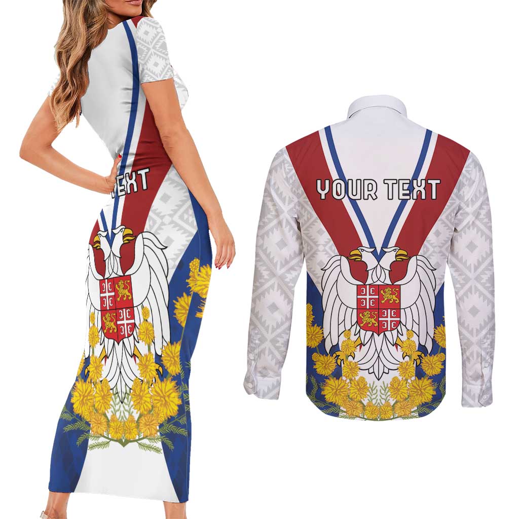 Personalized Serbia and Montenegro National Day Couples Matching Short Sleeve Bodycon Dress and Long Sleeve Button Shirt Coat Of Arms Flag Style Since1992