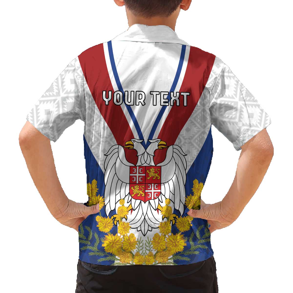 Personalized Serbia and Montenegro National Day Family Matching Off The Shoulder Long Sleeve Dress and Hawaiian Shirt Coat Of Arms Flag Style Since1992