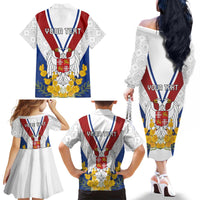 Personalized Serbia and Montenegro National Day Family Matching Off The Shoulder Long Sleeve Dress and Hawaiian Shirt Coat Of Arms Flag Style Since1992