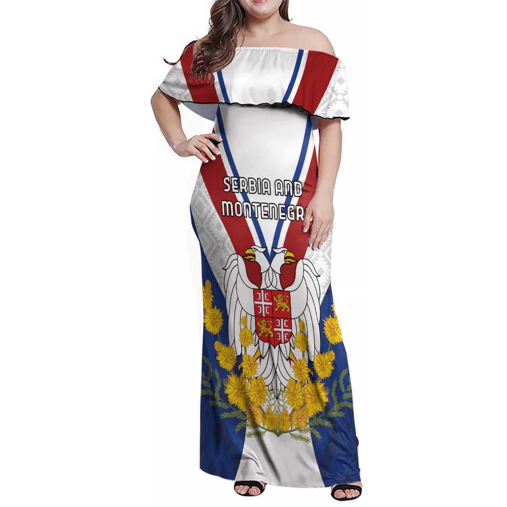 Personalized Serbia and Montenegro National Day Family Matching Off Shoulder Maxi Dress and Hawaiian Shirt Coat Of Arms Flag Style Since1992