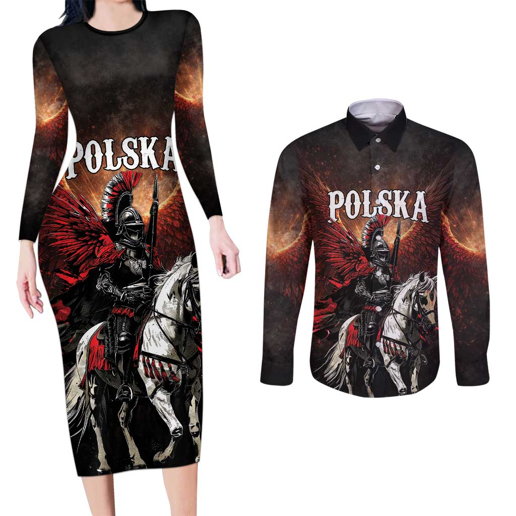 Polish Winged Hussars Couples Matching Long Sleeve Bodycon Dress and Long Sleeve Button Shirt Polska Legendary Cavalry Warrior