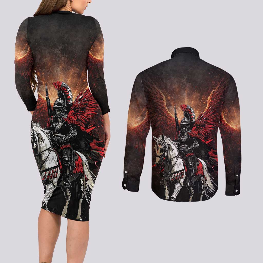 Polish Winged Hussars Couples Matching Long Sleeve Bodycon Dress and Long Sleeve Button Shirt Polska Legendary Cavalry Warrior