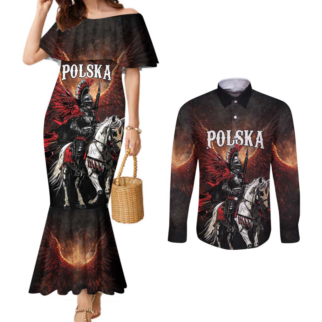 Polish Winged Hussars Couples Matching Mermaid Dress and Long Sleeve Button Shirt Polska Legendary Cavalry Warrior