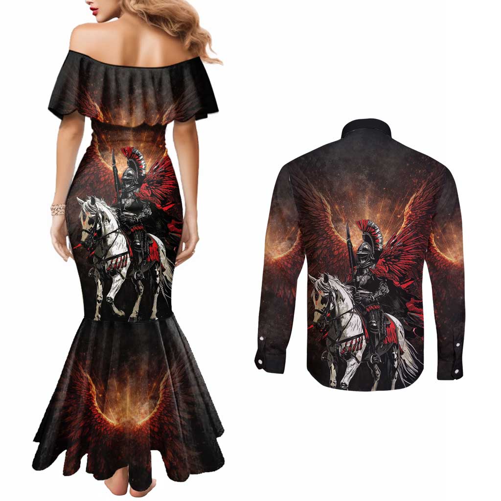 Polish Winged Hussars Couples Matching Mermaid Dress and Long Sleeve Button Shirt Polska Legendary Cavalry Warrior