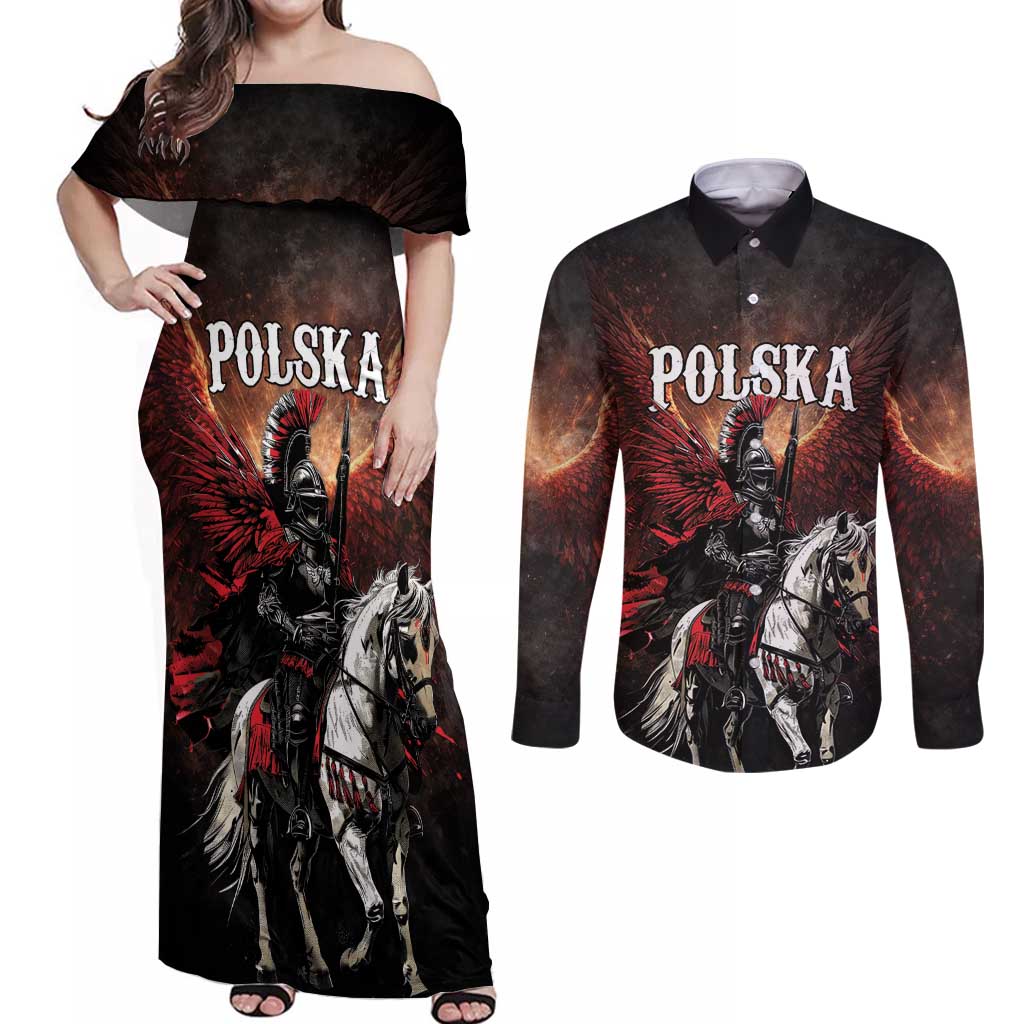 Polish Winged Hussars Couples Matching Off Shoulder Maxi Dress and Long Sleeve Button Shirt Polska Legendary Cavalry Warrior