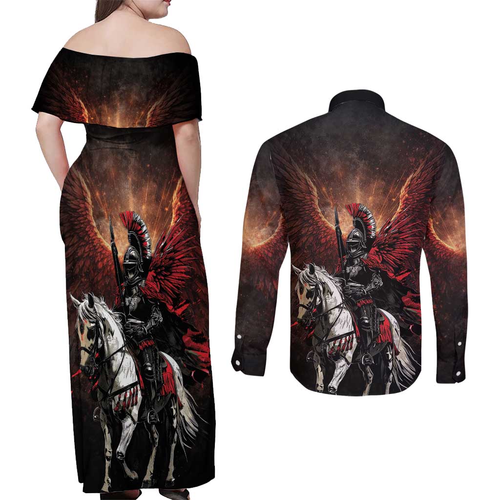 Polish Winged Hussars Couples Matching Off Shoulder Maxi Dress and Long Sleeve Button Shirt Polska Legendary Cavalry Warrior
