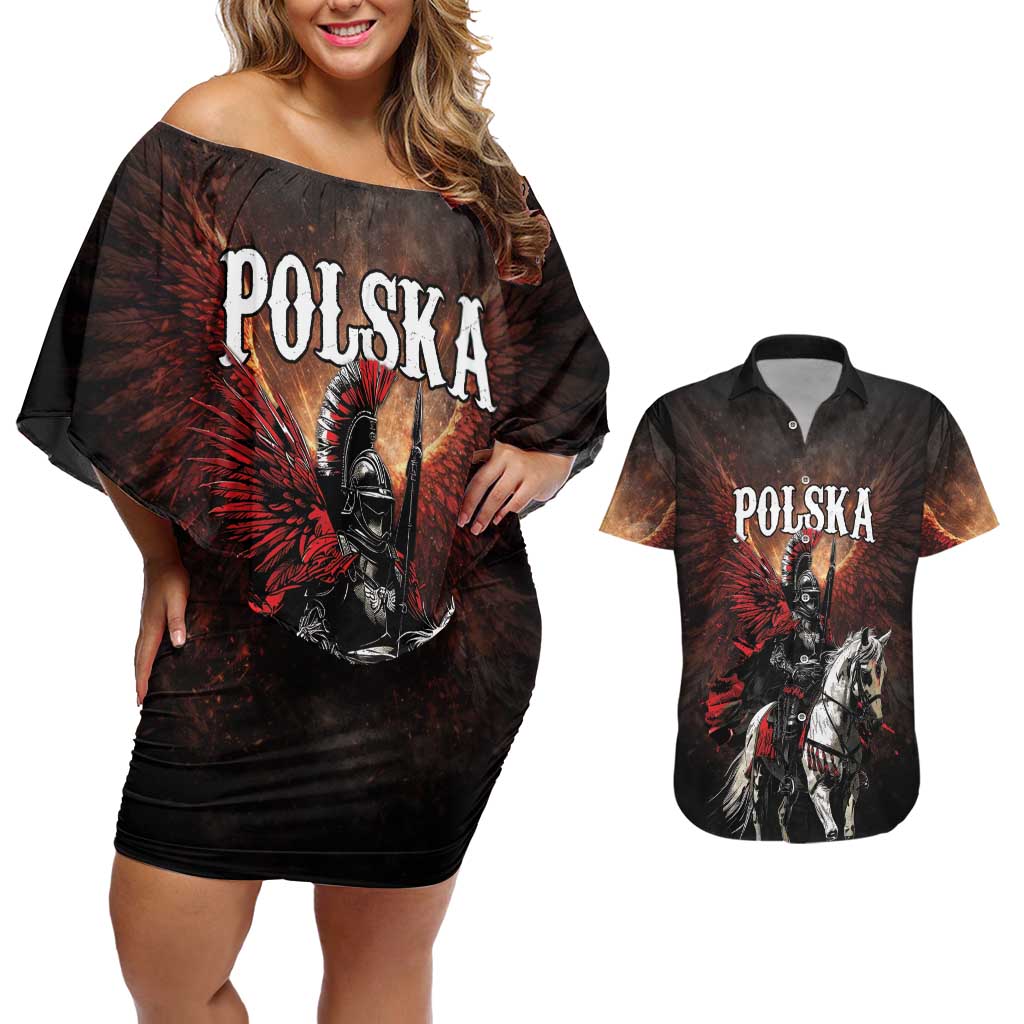 Polish Winged Hussars Couples Matching Off Shoulder Short Dress and Hawaiian Shirt Polska Legendary Cavalry Warrior