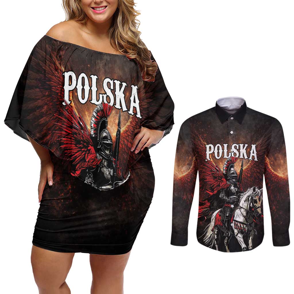 Polish Winged Hussars Couples Matching Off Shoulder Short Dress and Long Sleeve Button Shirt Polska Legendary Cavalry Warrior