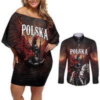 Polish Winged Hussars Couples Matching Off Shoulder Short Dress and Long Sleeve Button Shirt Polska Legendary Cavalry Warrior