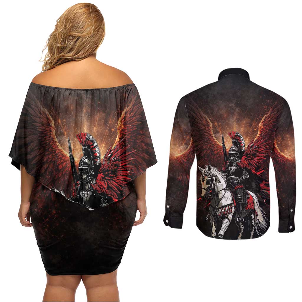 Polish Winged Hussars Couples Matching Off Shoulder Short Dress and Long Sleeve Button Shirt Polska Legendary Cavalry Warrior