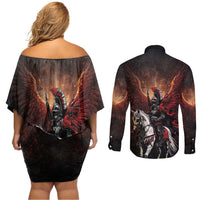 Polish Winged Hussars Couples Matching Off Shoulder Short Dress and Long Sleeve Button Shirt Polska Legendary Cavalry Warrior