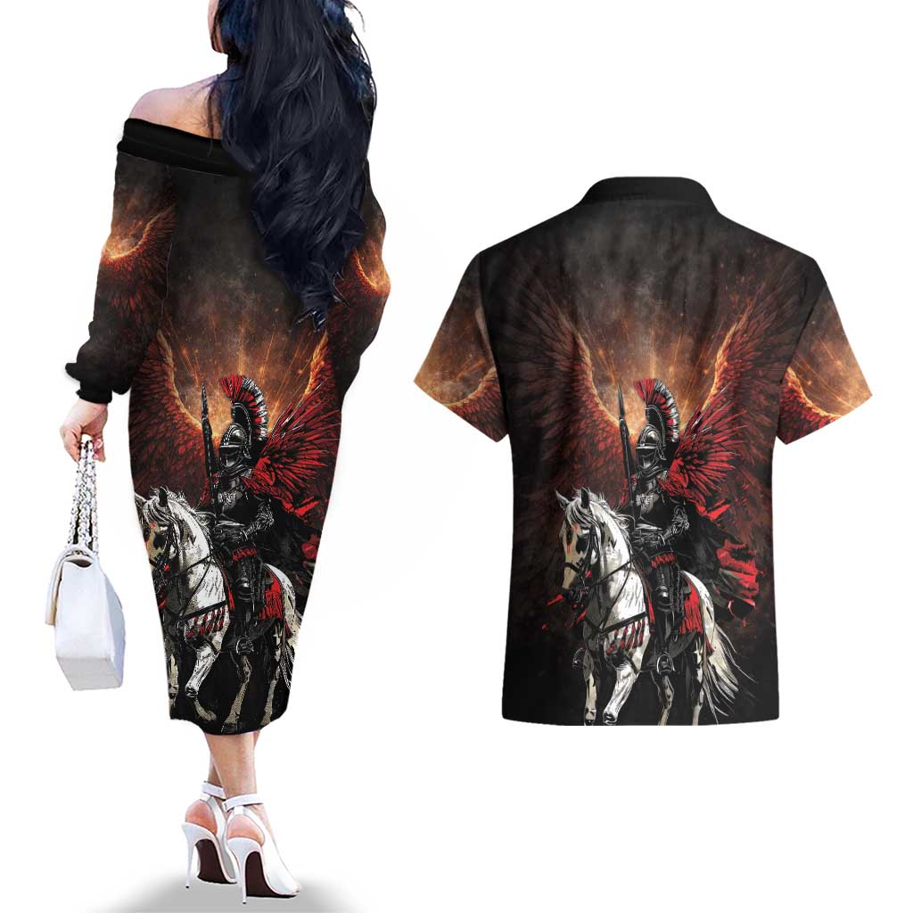 Polish Winged Hussars Couples Matching Off The Shoulder Long Sleeve Dress and Hawaiian Shirt Polska Legendary Cavalry Warrior