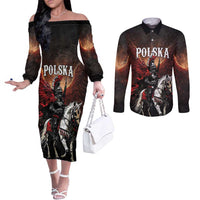 Polish Winged Hussars Couples Matching Off The Shoulder Long Sleeve Dress and Long Sleeve Button Shirt Polska Legendary Cavalry Warrior