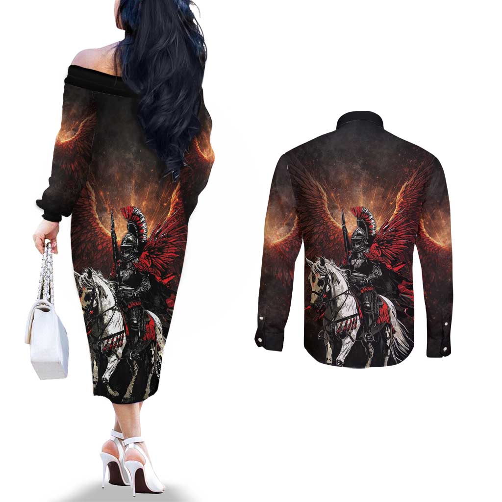 Polish Winged Hussars Couples Matching Off The Shoulder Long Sleeve Dress and Long Sleeve Button Shirt Polska Legendary Cavalry Warrior