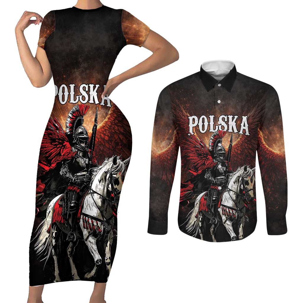 Polish Winged Hussars Couples Matching Short Sleeve Bodycon Dress and Long Sleeve Button Shirt Polska Legendary Cavalry Warrior