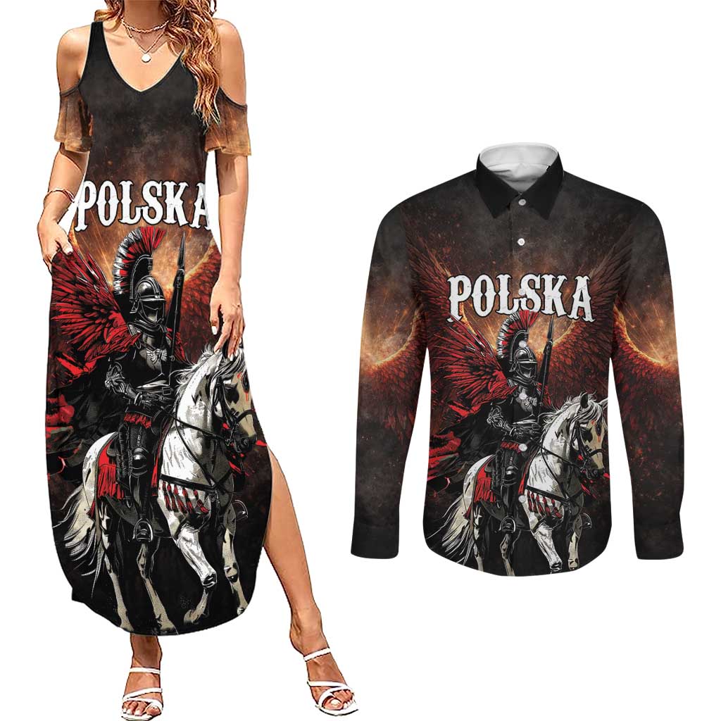 Polish Winged Hussars Couples Matching Summer Maxi Dress and Long Sleeve Button Shirt Polska Legendary Cavalry Warrior