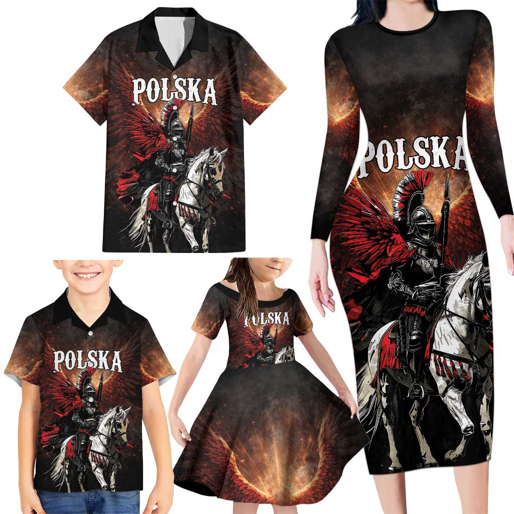 Polish Winged Hussars Family Matching Long Sleeve Bodycon Dress and Hawaiian Shirt Polska Legendary Cavalry Warrior