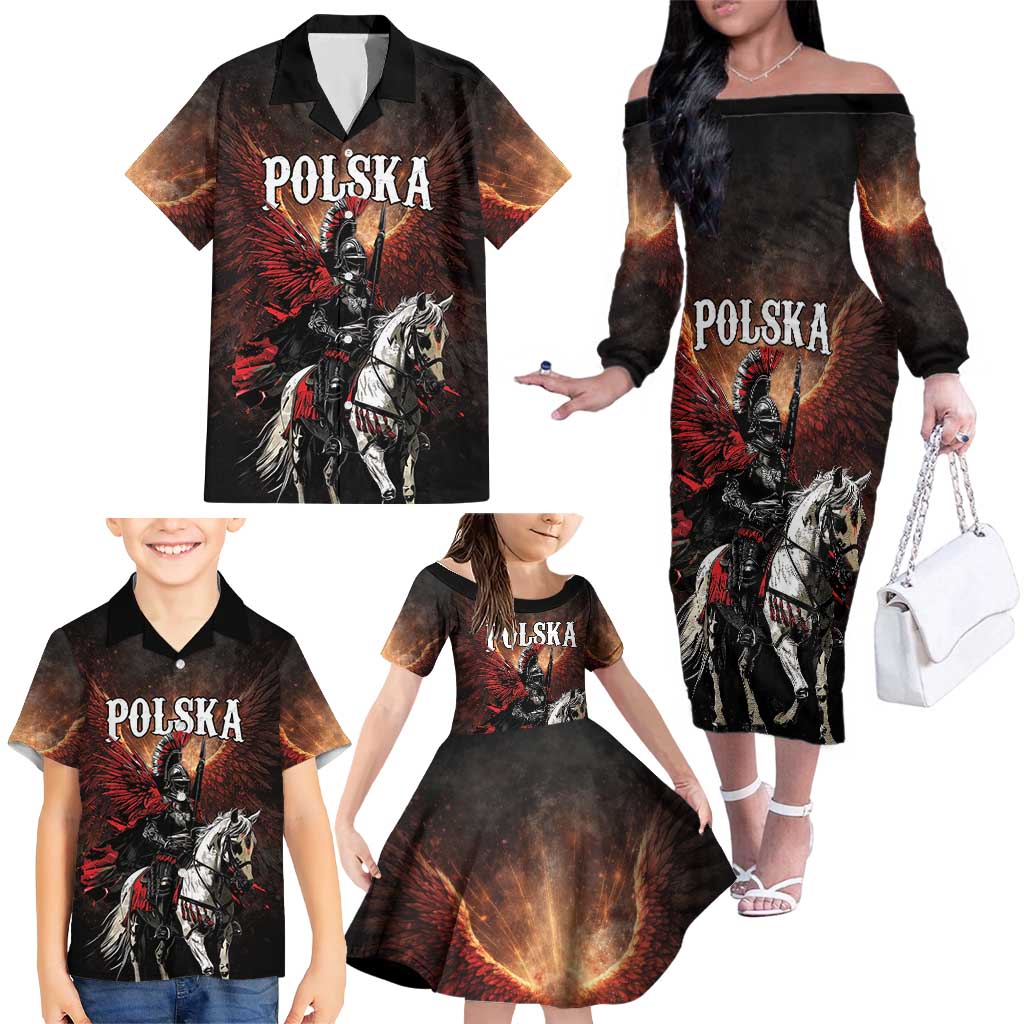 Polish Winged Hussars Family Matching Off The Shoulder Long Sleeve Dress and Hawaiian Shirt Polska Legendary Cavalry Warrior