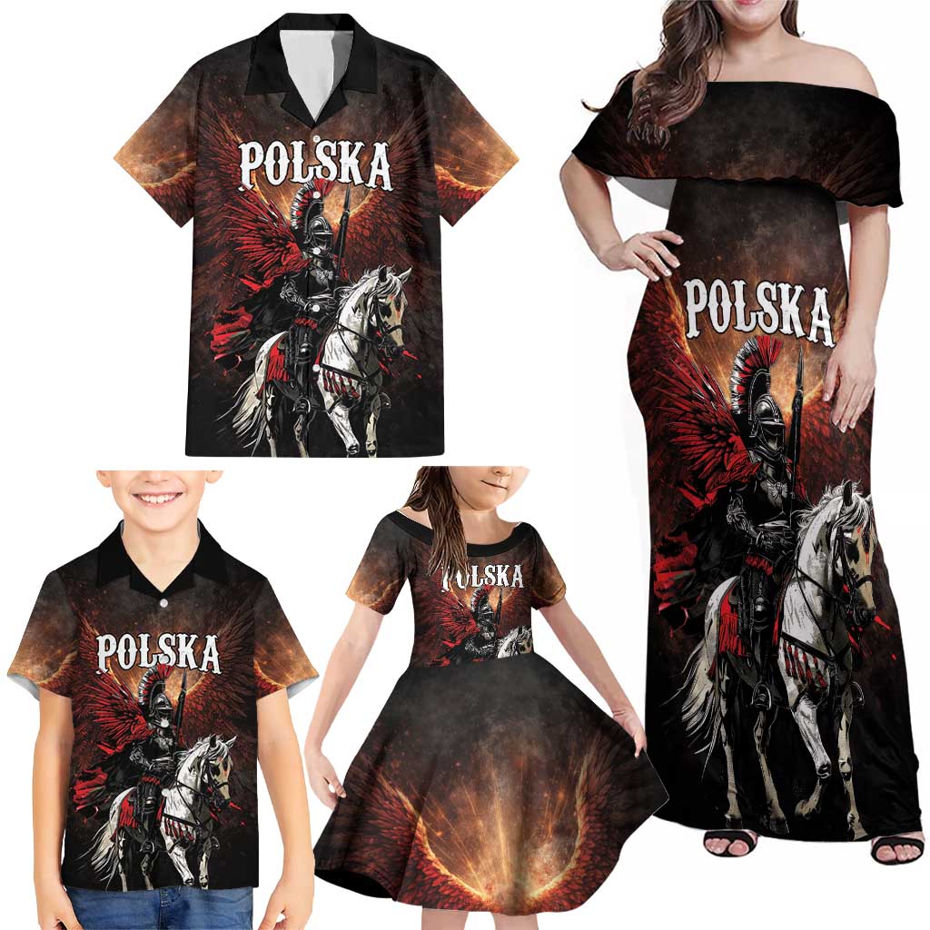 Polish Winged Hussars Family Matching Off Shoulder Maxi Dress and Hawaiian Shirt Polska Legendary Cavalry Warrior