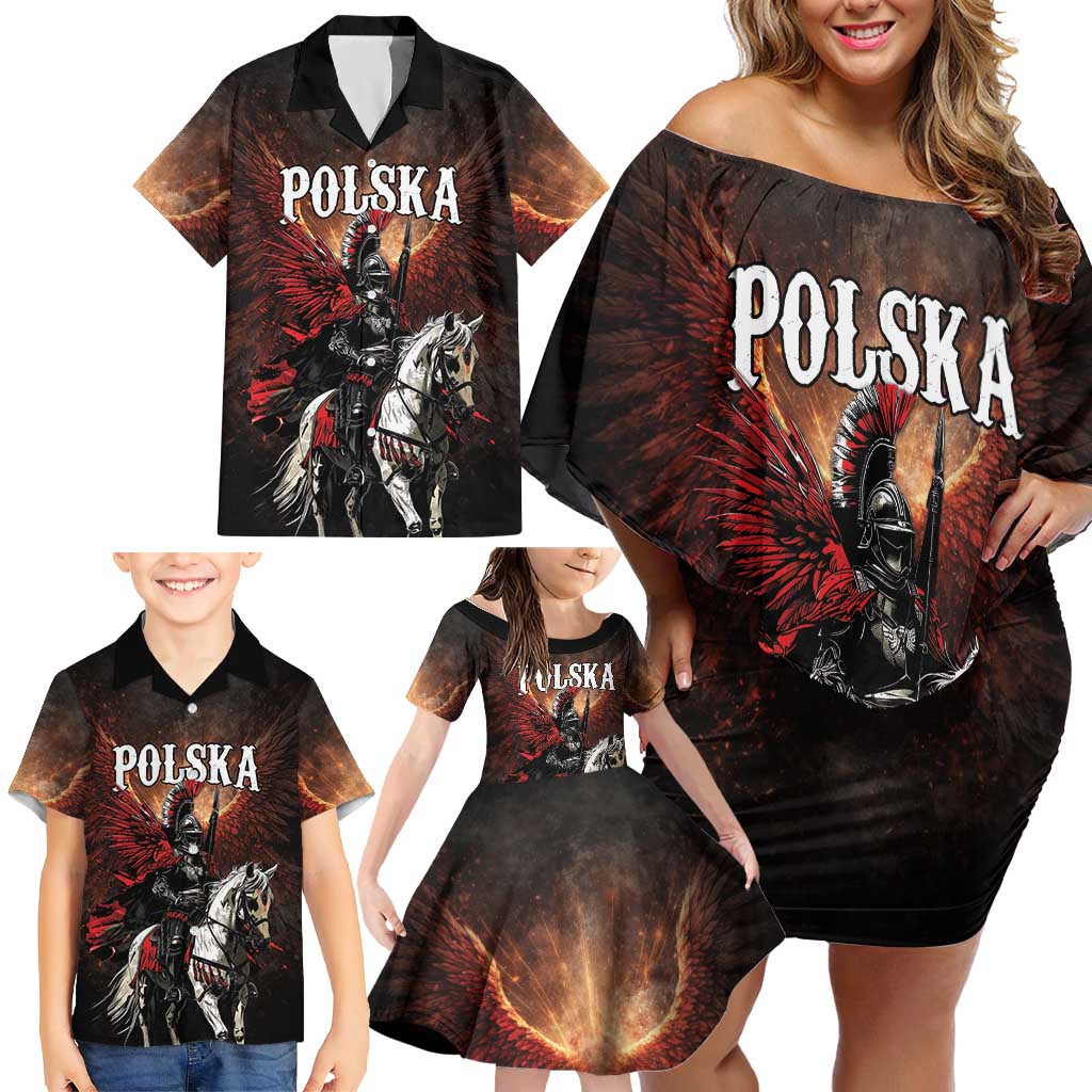 Polish Winged Hussars Family Matching Off Shoulder Short Dress and Hawaiian Shirt Polska Legendary Cavalry Warrior