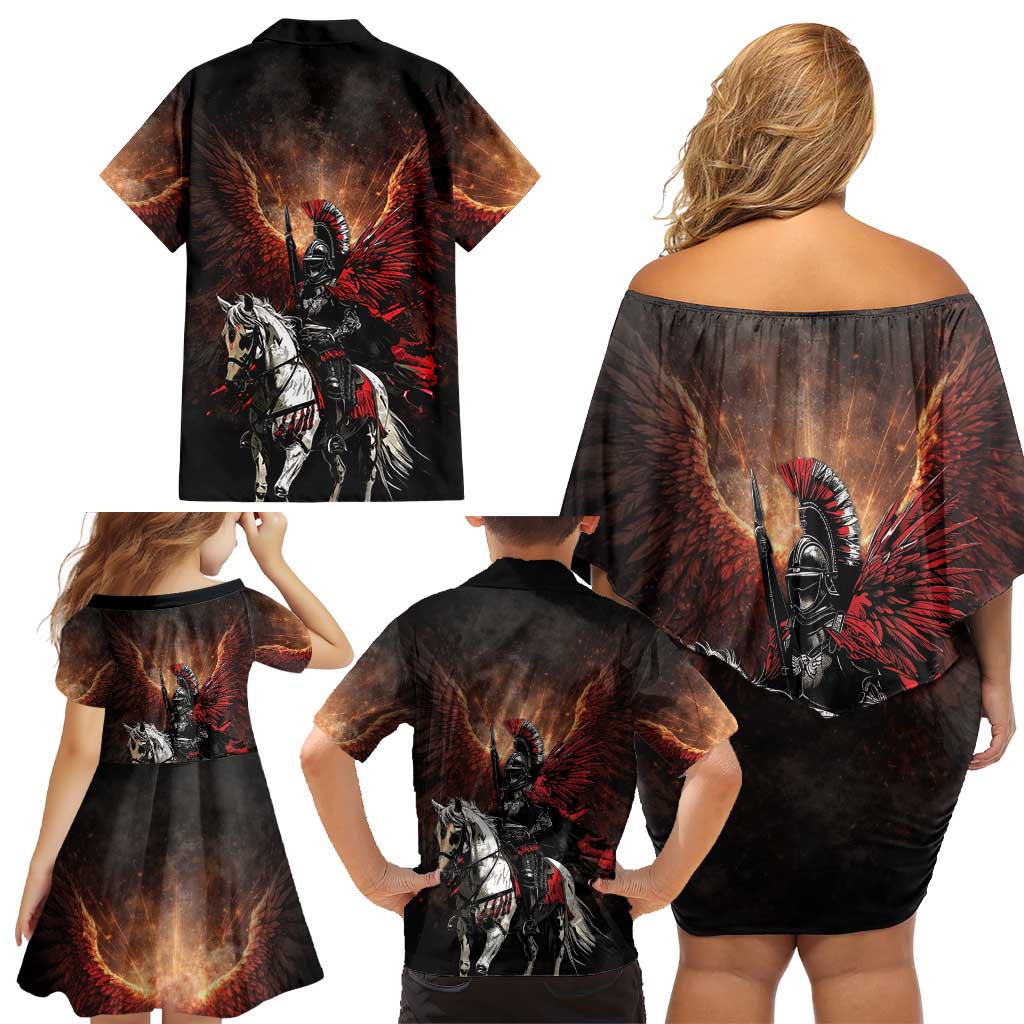 Polish Winged Hussars Family Matching Off Shoulder Short Dress and Hawaiian Shirt Polska Legendary Cavalry Warrior