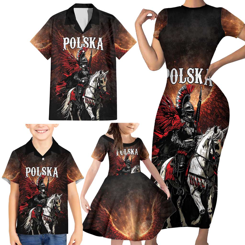 Polish Winged Hussars Family Matching Short Sleeve Bodycon Dress and Hawaiian Shirt Polska Legendary Cavalry Warrior