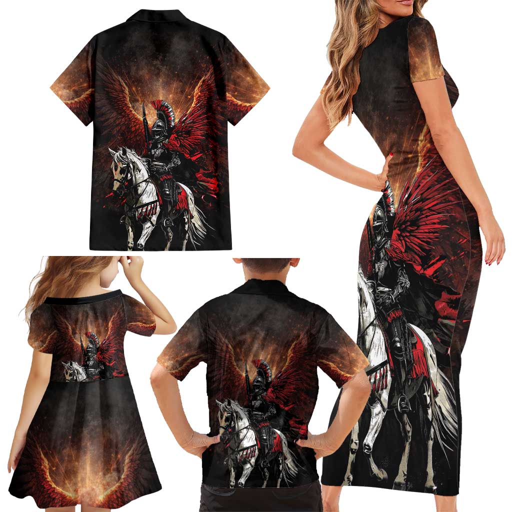 Polish Winged Hussars Family Matching Short Sleeve Bodycon Dress and Hawaiian Shirt Polska Legendary Cavalry Warrior