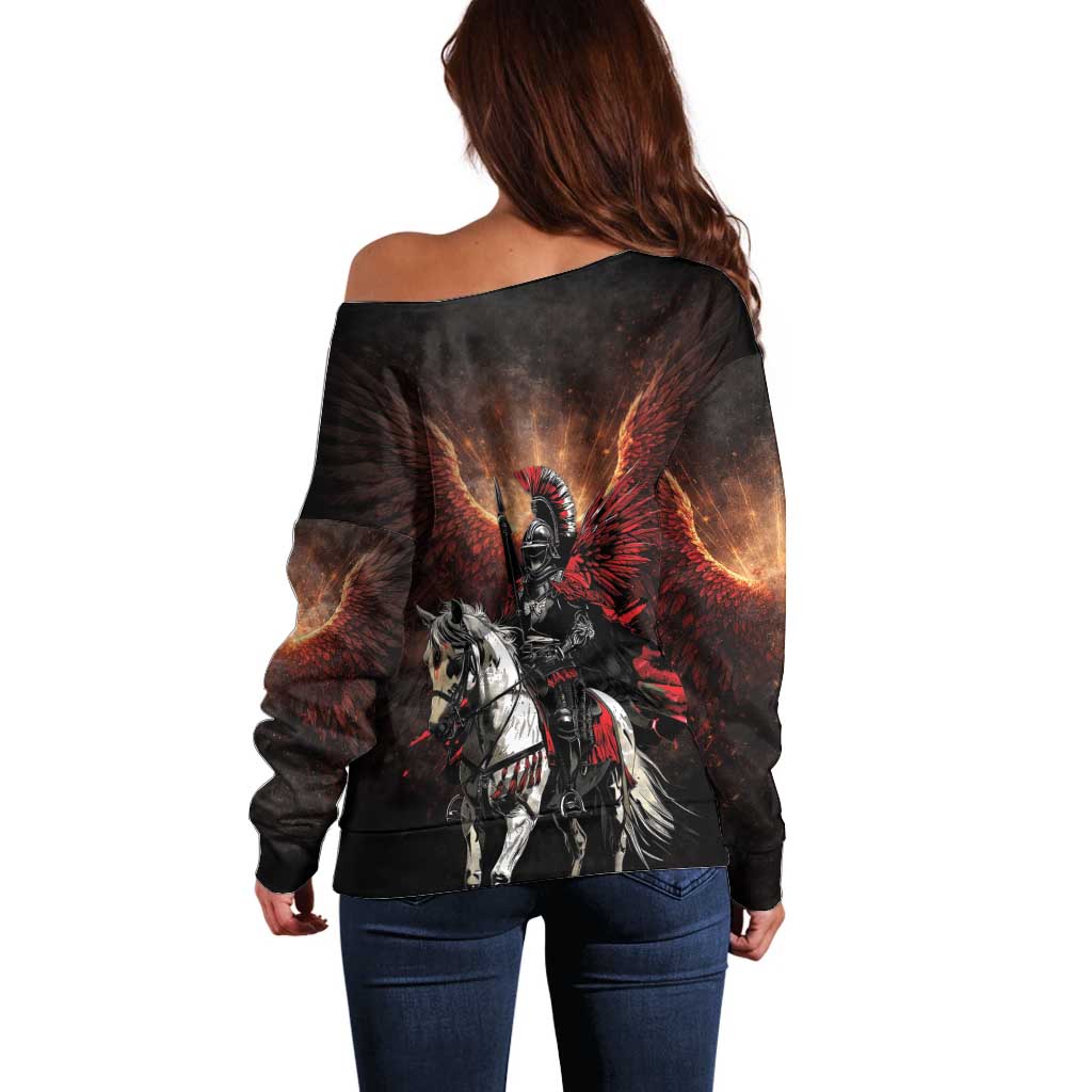 Polish Winged Hussars Off Shoulder Sweater Polska Legendary Cavalry Warrior