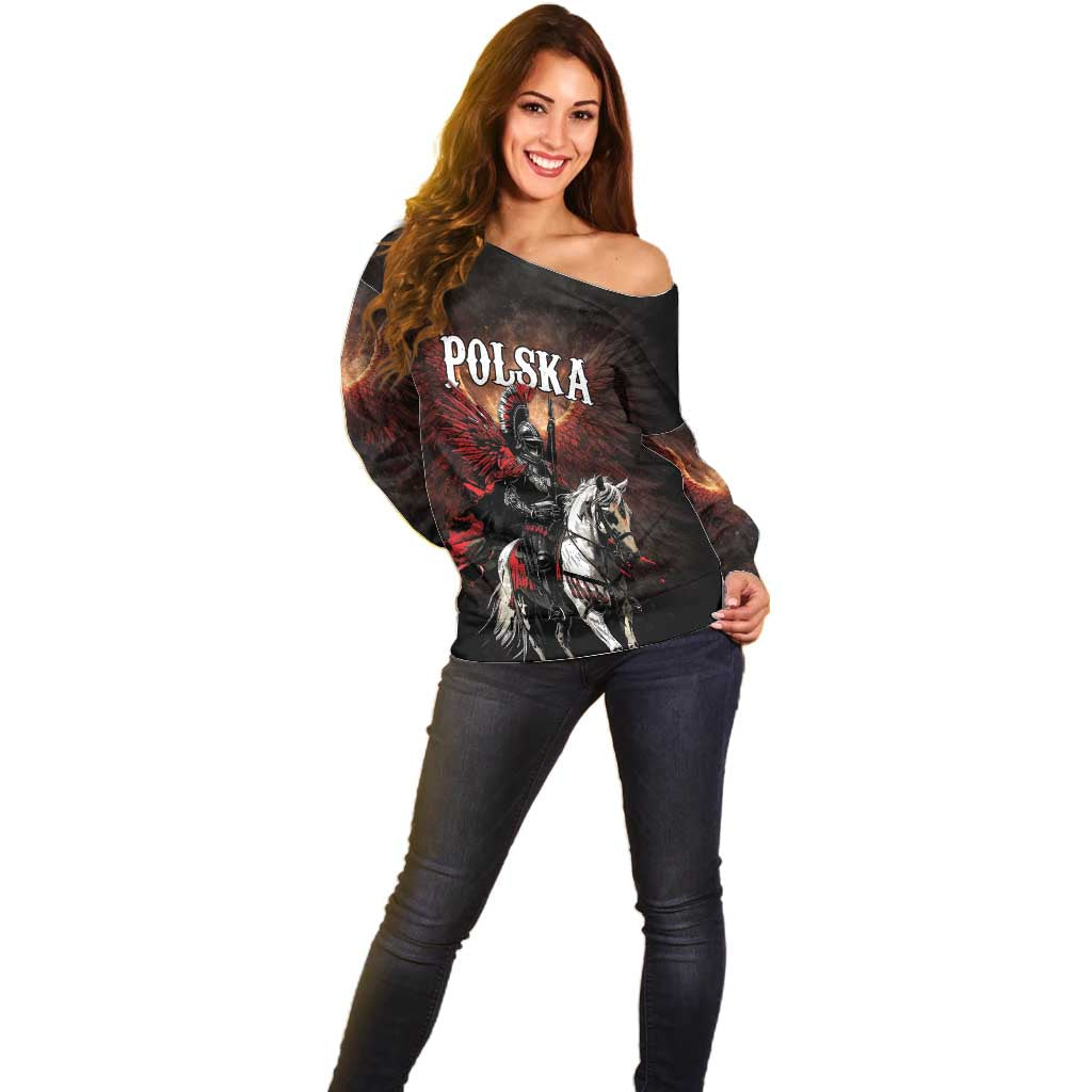 Polish Winged Hussars Off Shoulder Sweater Polska Legendary Cavalry Warrior