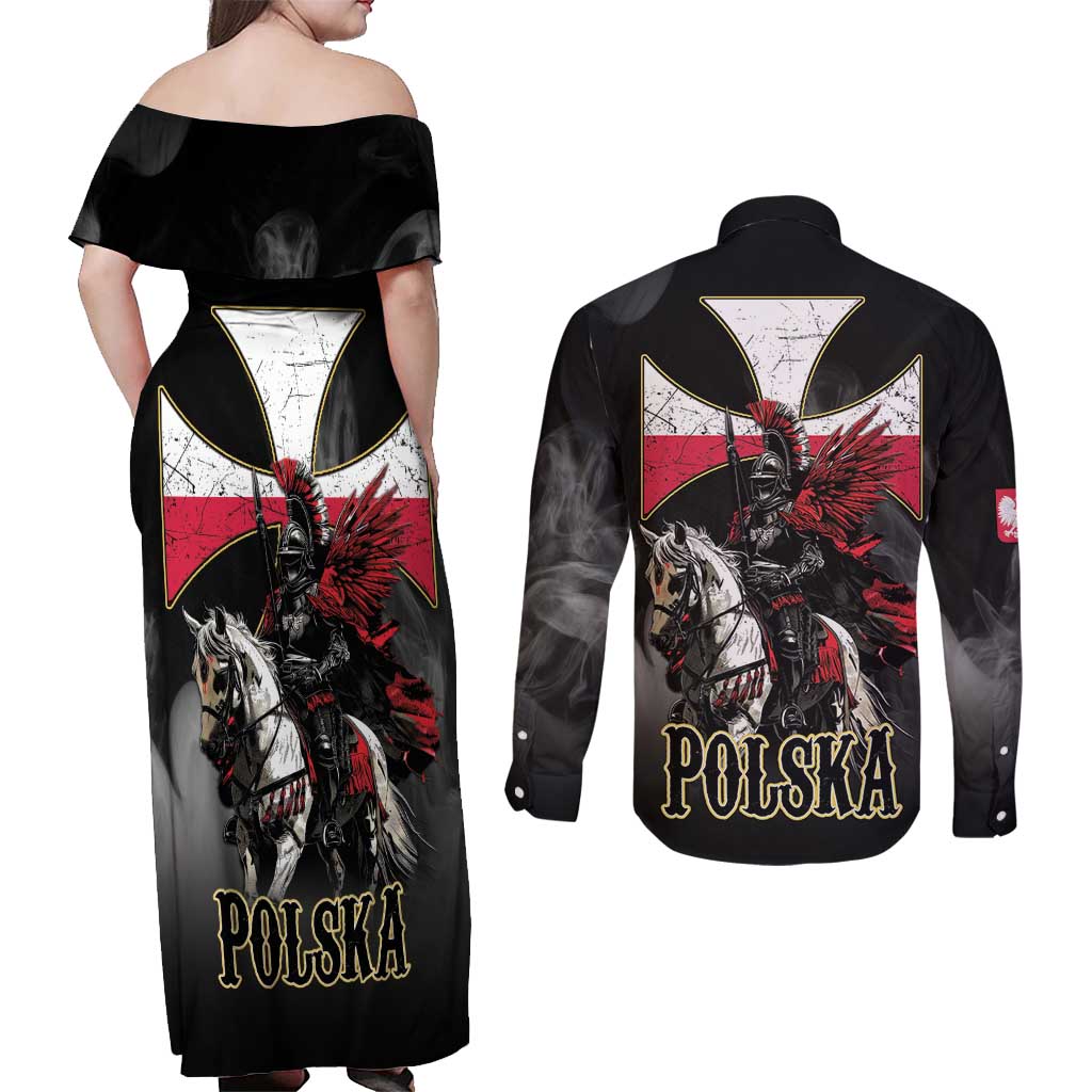 Polish Winged Hussars Couples Matching Off Shoulder Maxi Dress and Long Sleeve Button Shirt Husaria Poland Pride Knight Armor