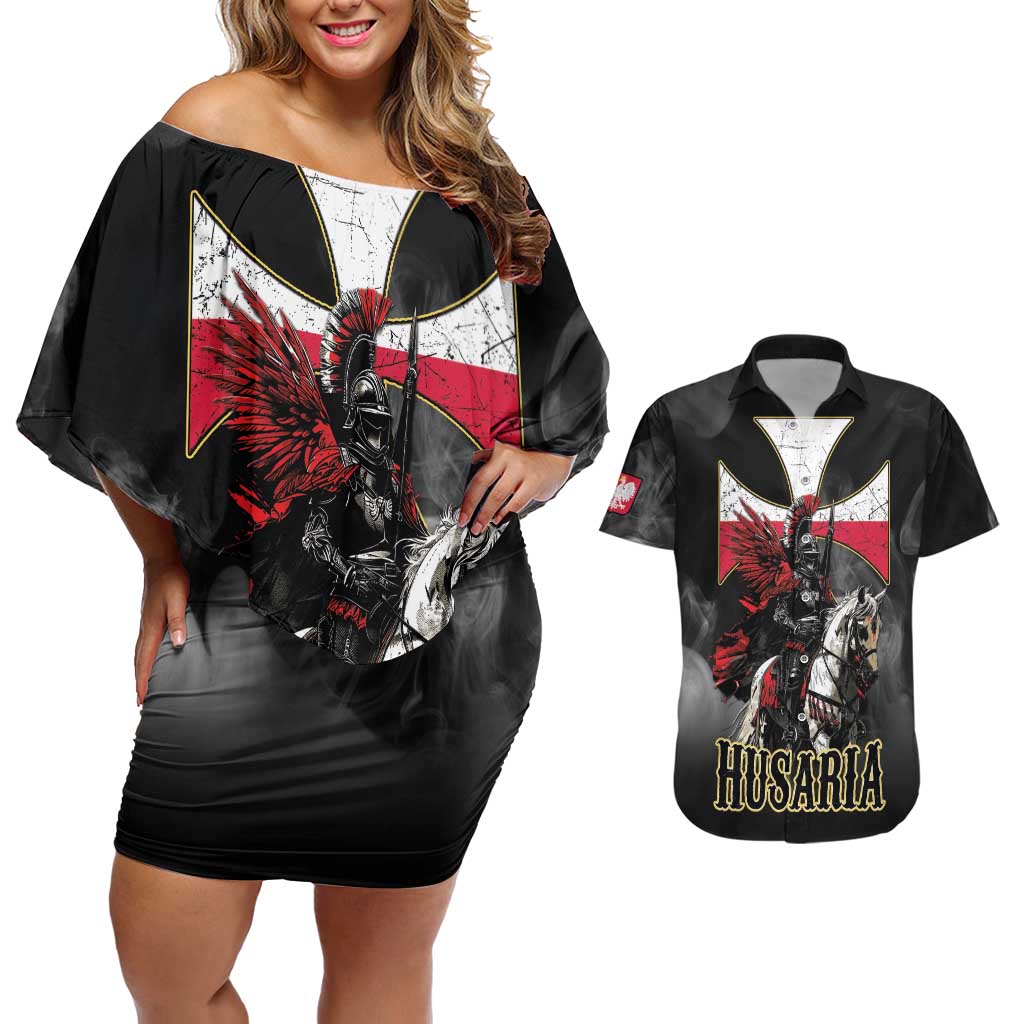 Polish Winged Hussars Couples Matching Off Shoulder Short Dress and Hawaiian Shirt Husaria Poland Pride Knight Armor