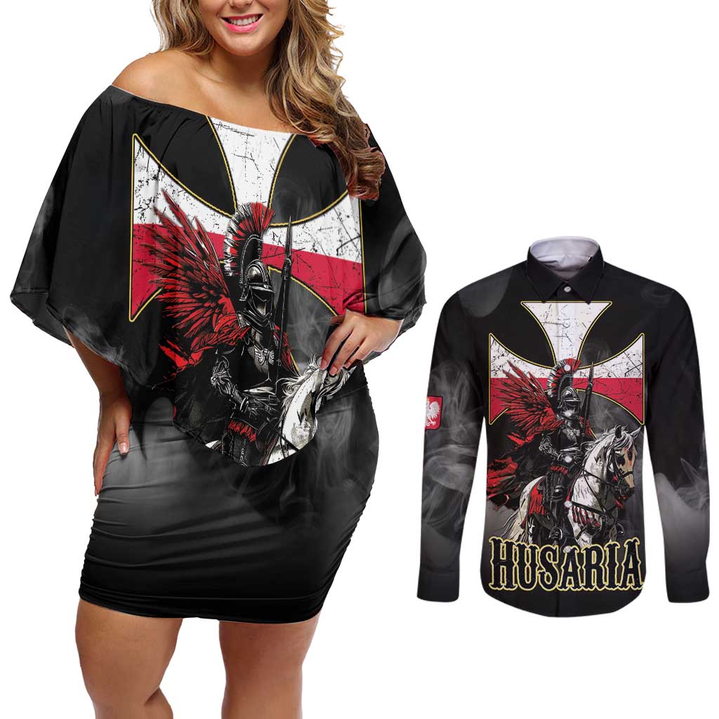 Polish Winged Hussars Couples Matching Off Shoulder Short Dress and Long Sleeve Button Shirt Husaria Poland Pride Knight Armor