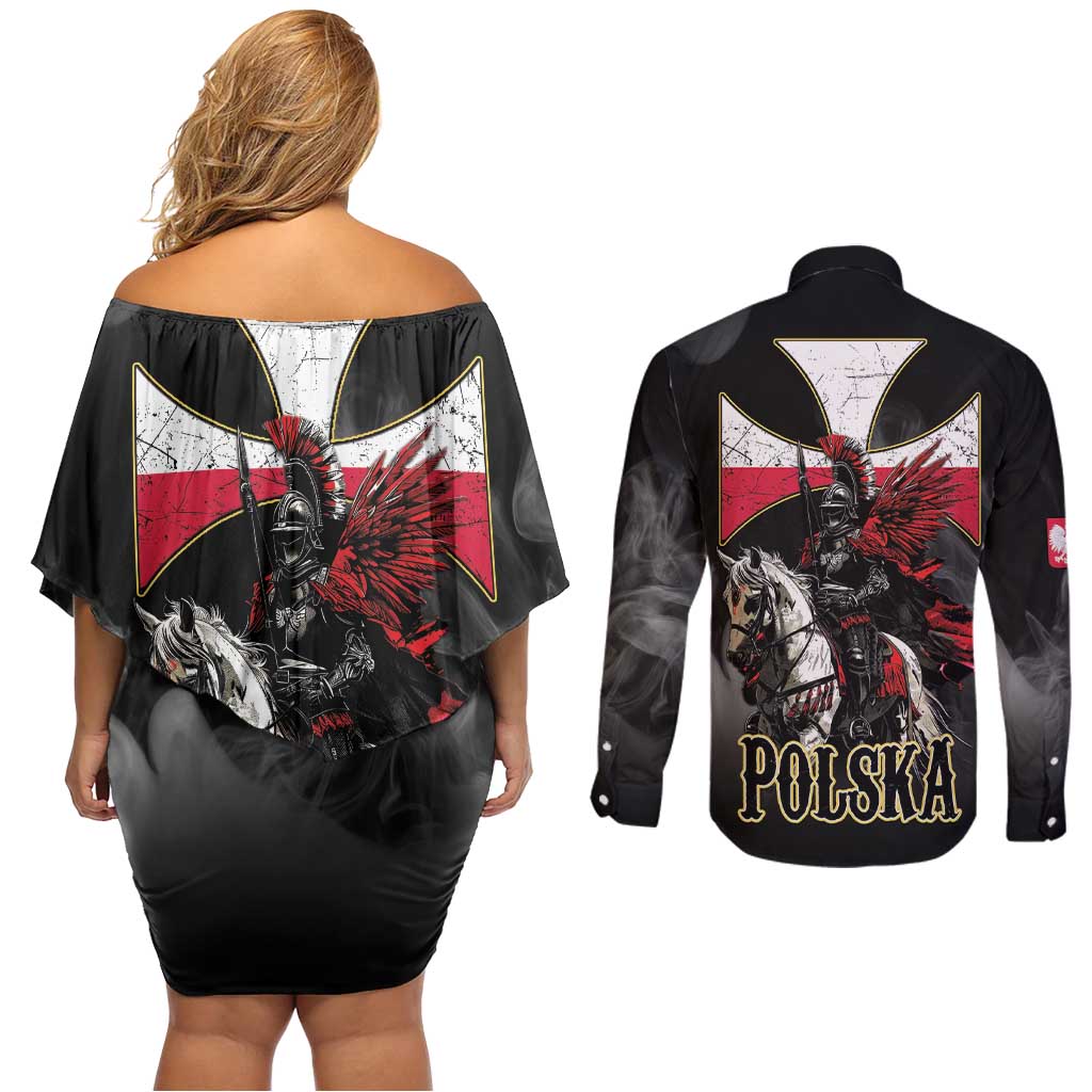 Polish Winged Hussars Couples Matching Off Shoulder Short Dress and Long Sleeve Button Shirt Husaria Poland Pride Knight Armor
