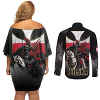 Polish Winged Hussars Couples Matching Off Shoulder Short Dress and Long Sleeve Button Shirt Husaria Poland Pride Knight Armor