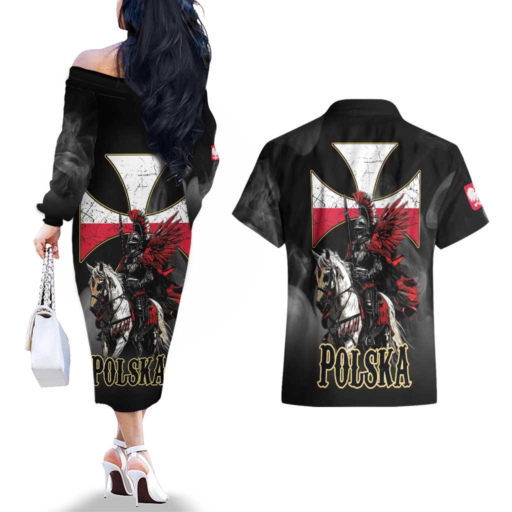 Polish Winged Hussars Couples Matching Off The Shoulder Long Sleeve Dress and Hawaiian Shirt Husaria Poland Pride Knight Armor