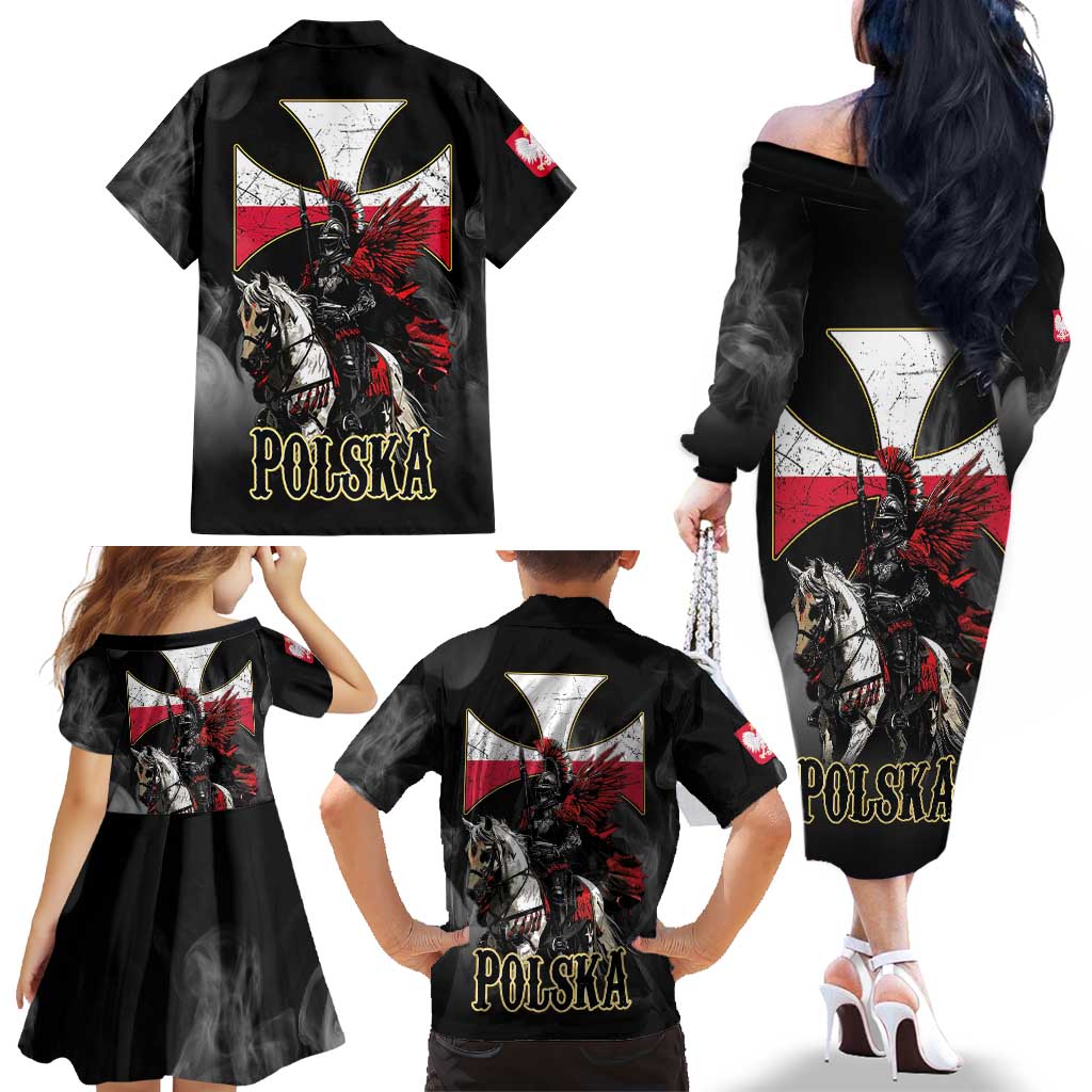 Polish Winged Hussars Family Matching Off The Shoulder Long Sleeve Dress and Hawaiian Shirt Husaria Poland Pride Knight Armor
