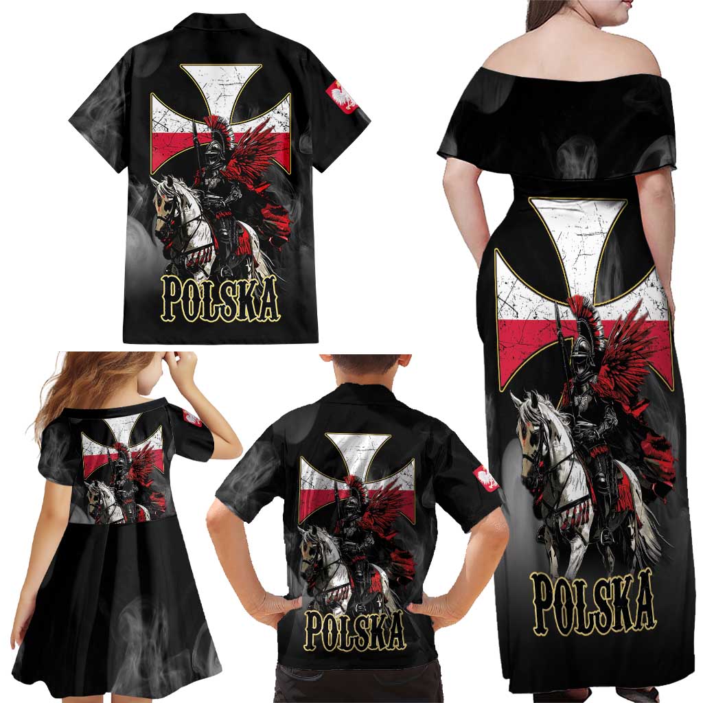 Polish Winged Hussars Family Matching Off Shoulder Maxi Dress and Hawaiian Shirt Husaria Poland Pride Knight Armor