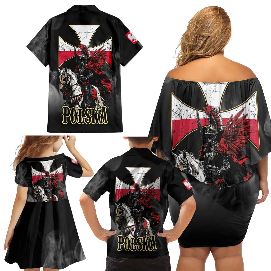 Polish Winged Hussars Family Matching Off Shoulder Short Dress and Hawaiian Shirt Husaria Poland Pride Knight Armor