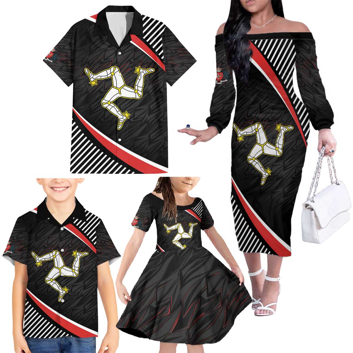 Personalized Isle of Man Family Matching Off The Shoulder Long Sleeve Dress and Hawaiian Shirt Quocunque Jeceris Stabit