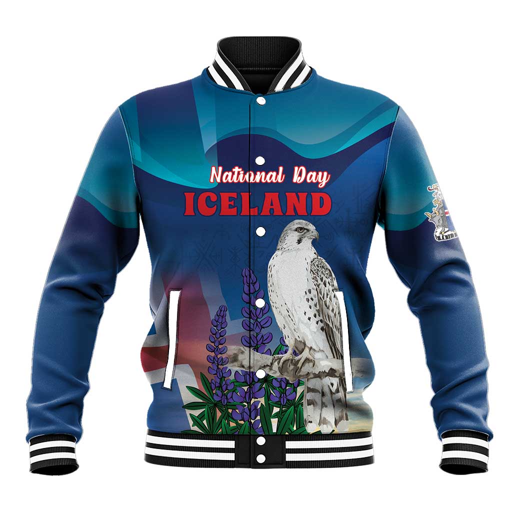 Personalized Iceland National Day Baseball Jacket Gyrfalcon With Lupine Flower