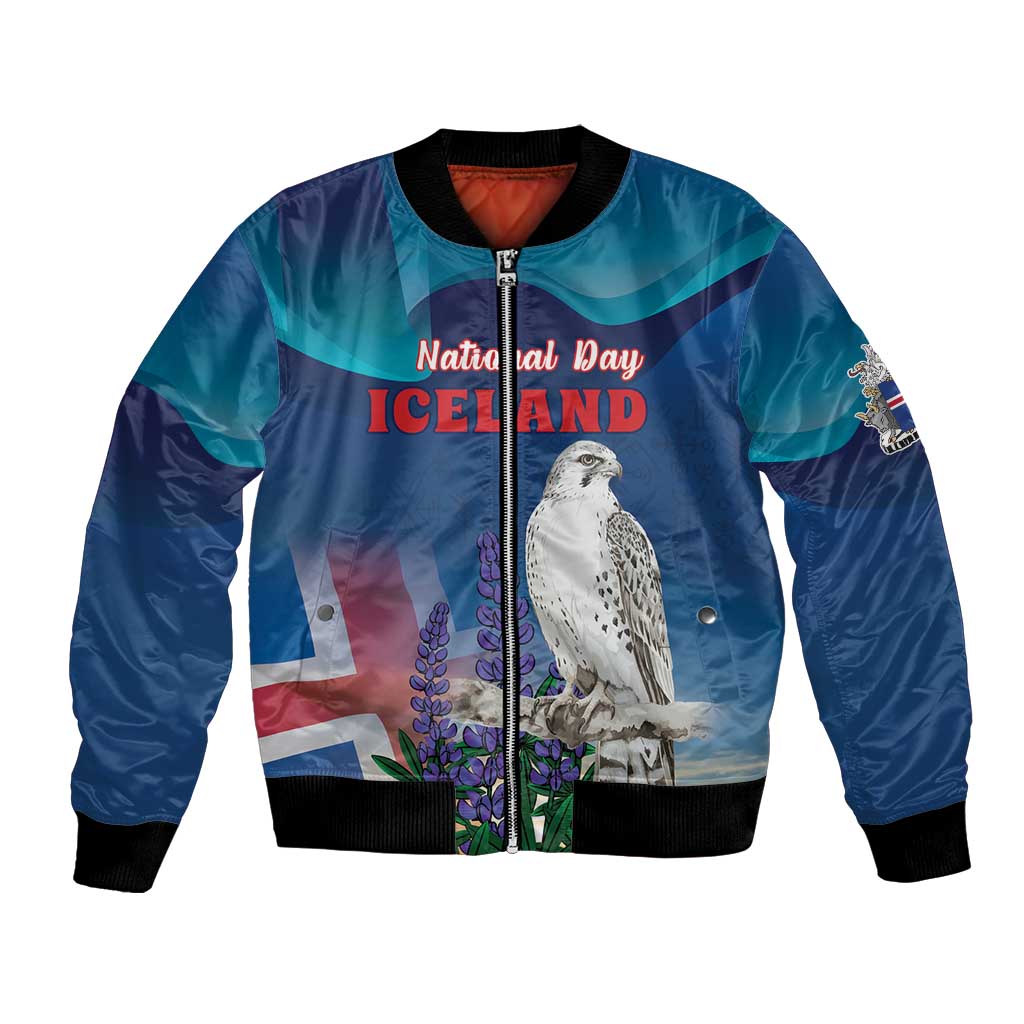 Personalized Iceland National Day Bomber Jacket Gyrfalcon With Lupine Flower