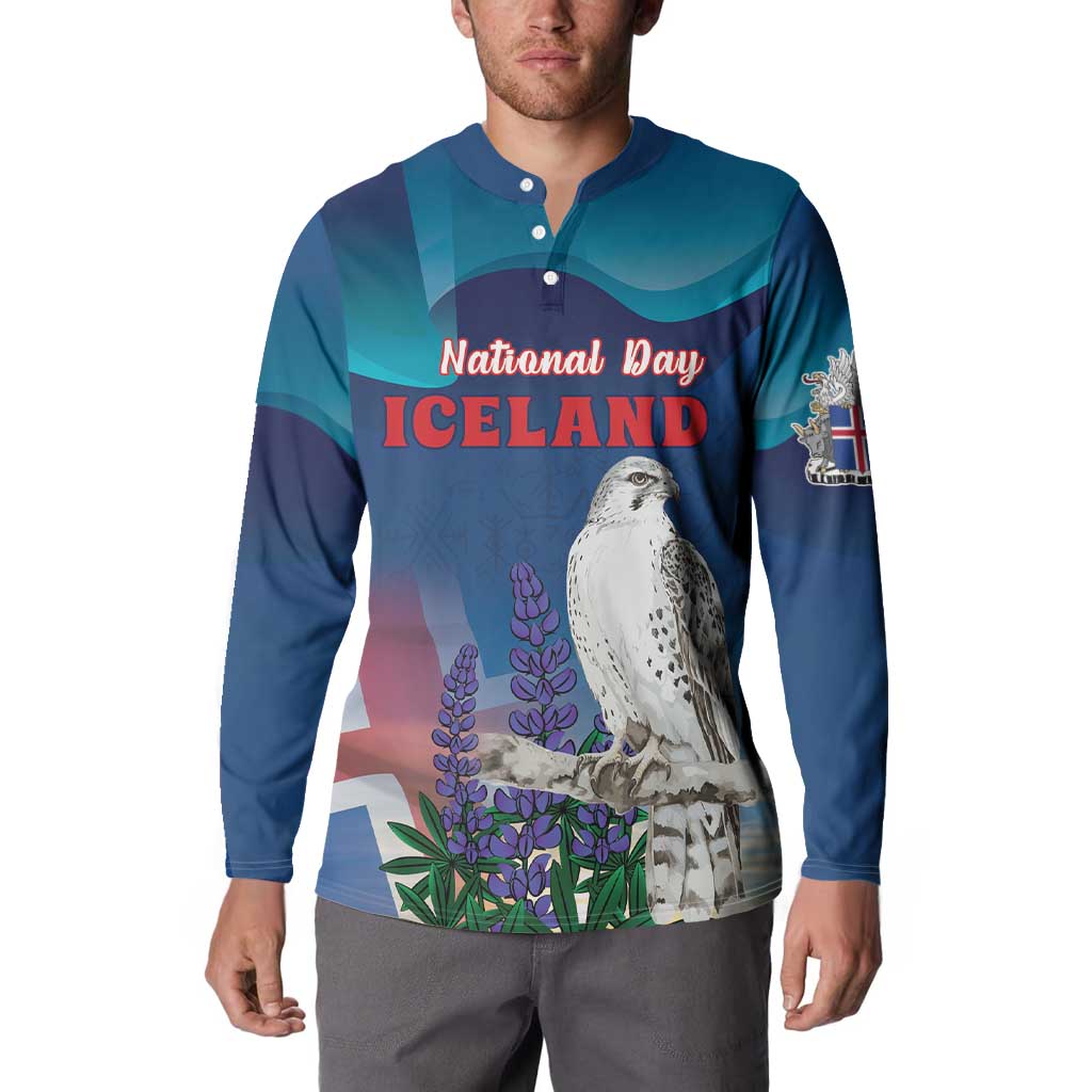 Personalized Iceland National Day Button Sweatshirt Gyrfalcon With Lupine Flower
