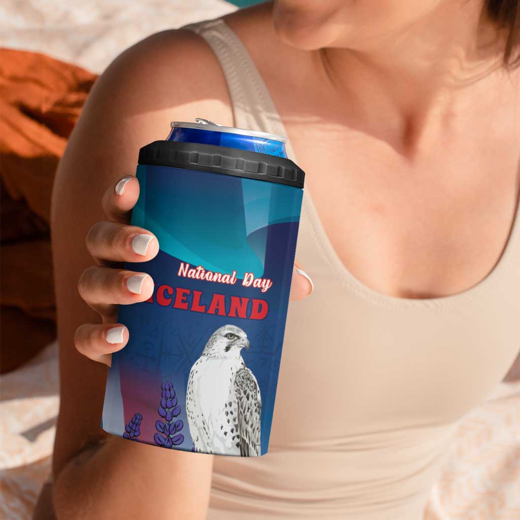 Personalized Iceland National Day 4 in 1 Can Cooler Tumbler Gyrfalcon With Lupine Flower