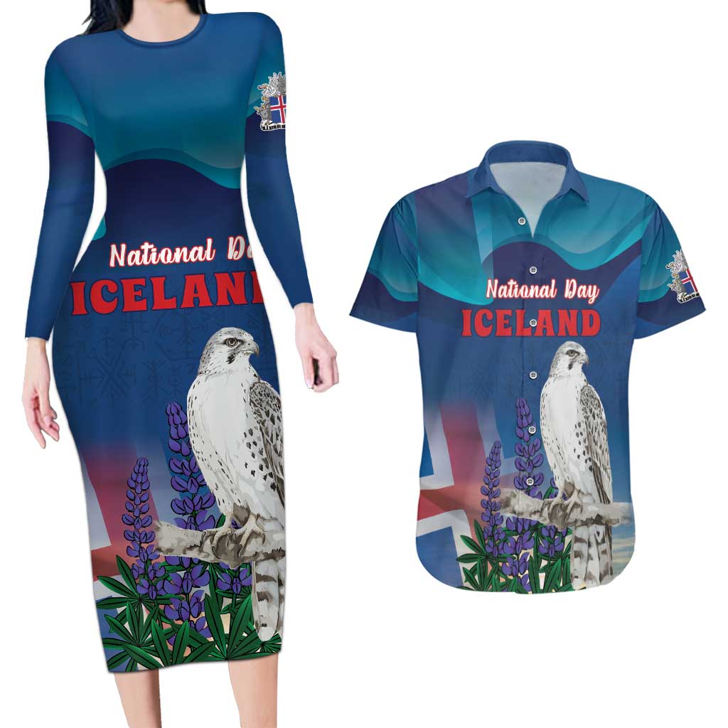 Personalized Iceland National Day Couples Matching Long Sleeve Bodycon Dress and Hawaiian Shirt Gyrfalcon With Lupine Flower